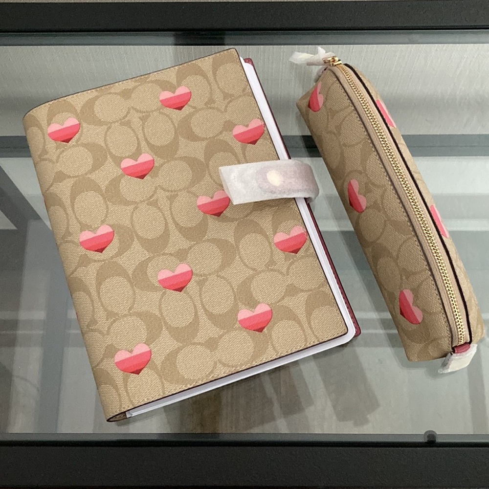NWT COACH Signature Canvas Notebook & Pencil Case with Stripe Heart Print BUNDLE